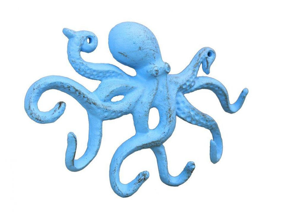 Rustic Light Blue Cast Iron Octopus Hook 11"