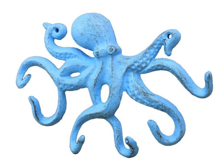 Rustic Light Blue Cast Iron Octopus Hook 11"