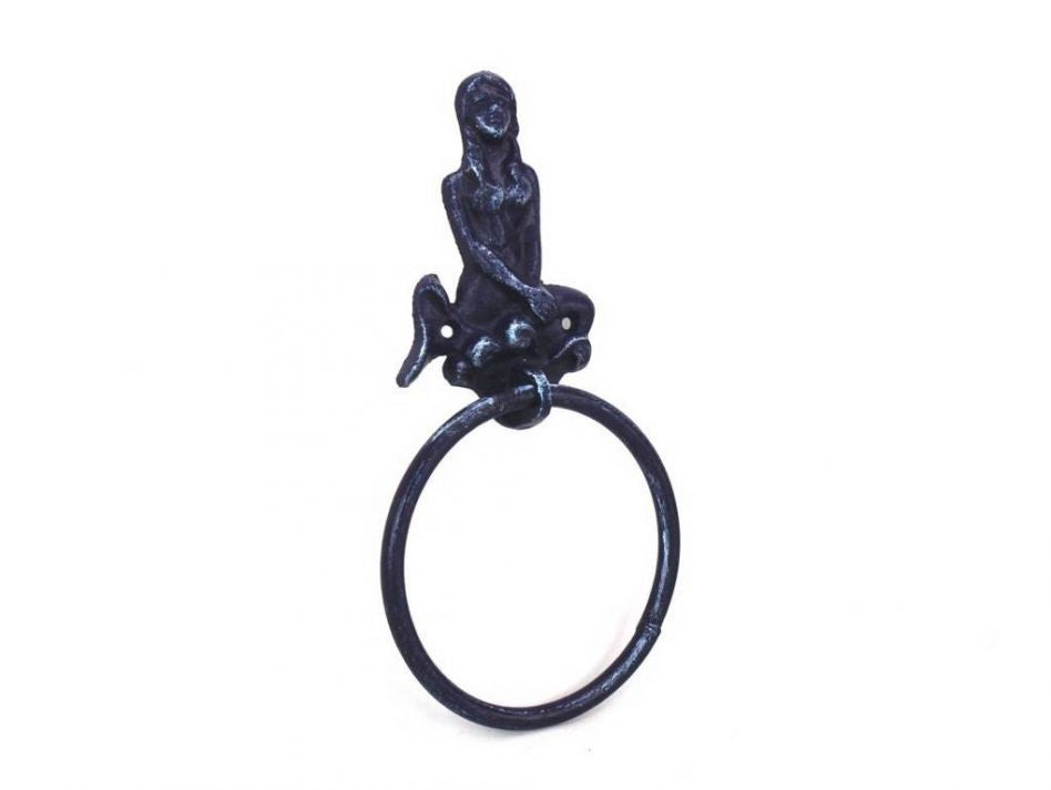 Rustic Dark Blue Cast Iron Mermaid Towel Holder 8.5"
