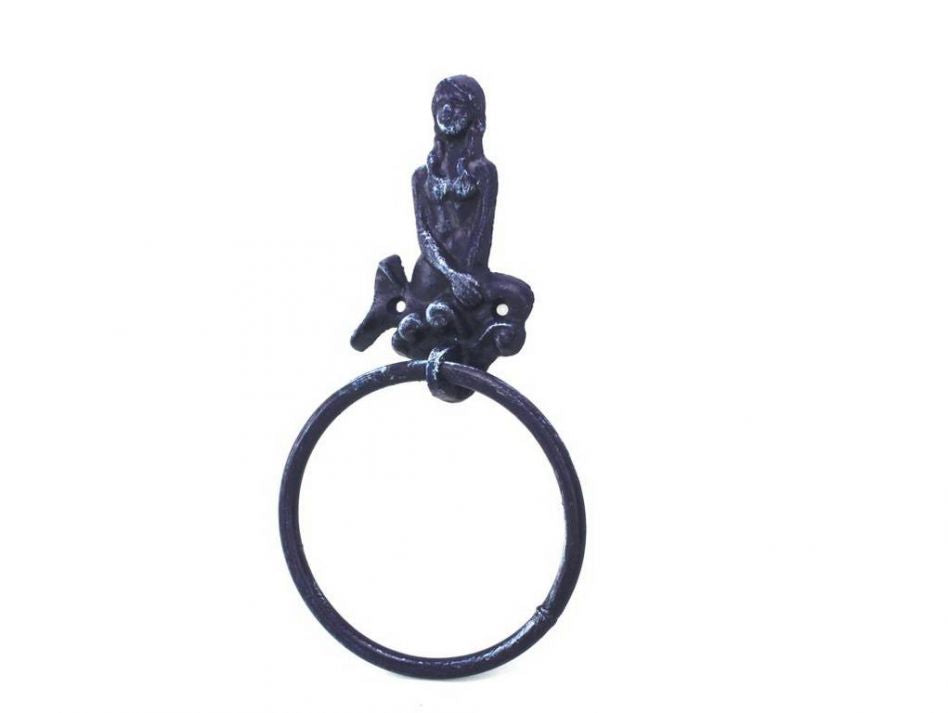Rustic Dark Blue Cast Iron Mermaid Towel Holder 8.5"