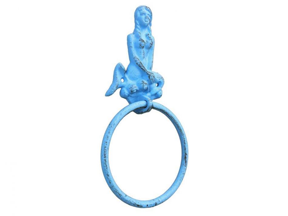 Rustic Light Blue Cast Iron Mermaid Towel Holder 8.5"
