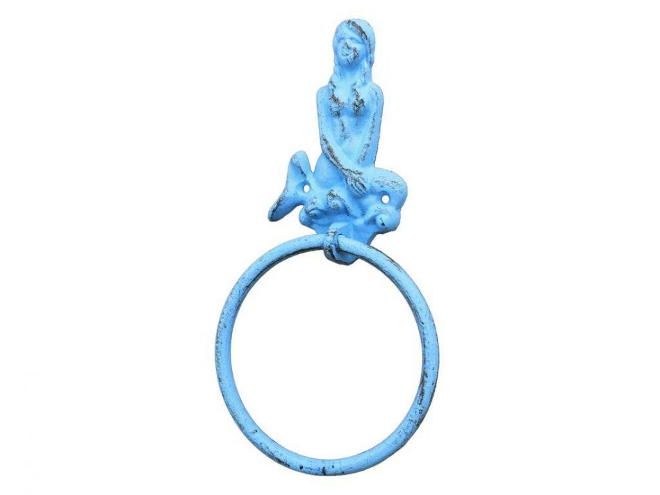 Rustic Light Blue Cast Iron Mermaid Towel Holder 8.5"