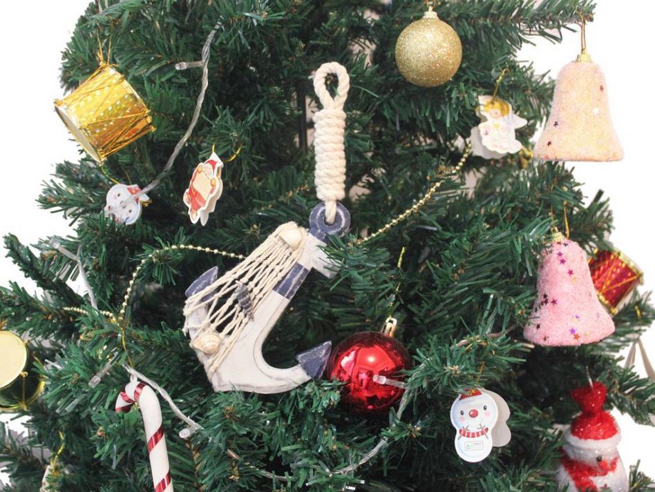 Wooden Rustic Decorative Blue and White Anchor Christmas Tree Ornament