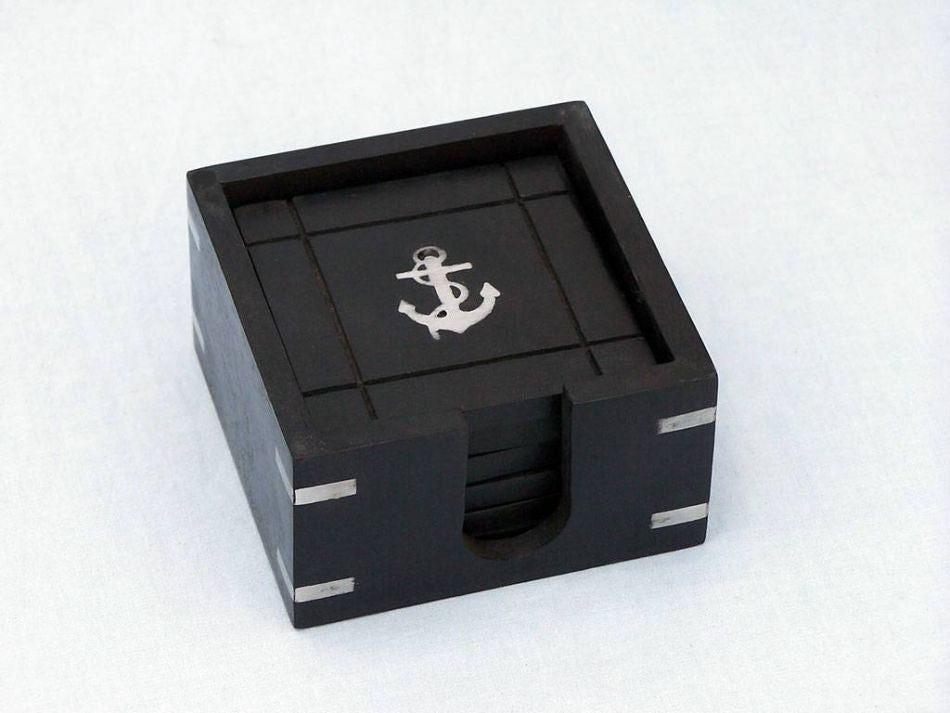 Wooden Black Coasters with Chrome Anchor Inlay 4" - Set of 6