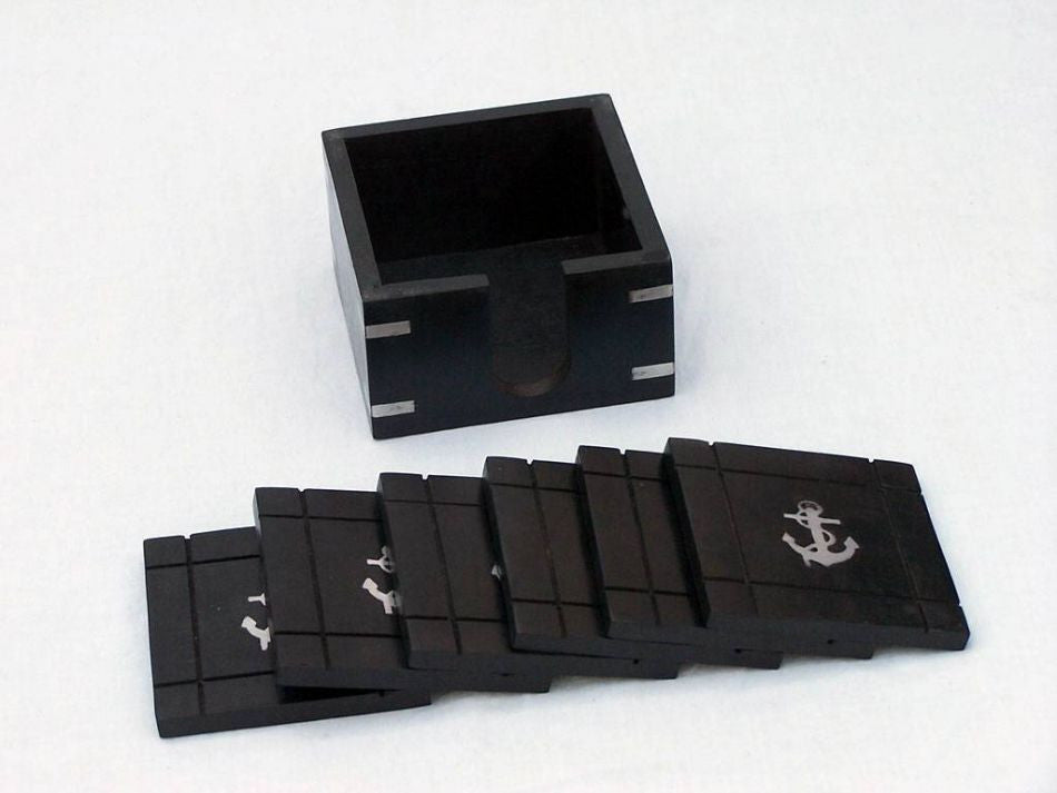 Wooden Black Coasters with Chrome Anchor Inlay 4" - Set of 6