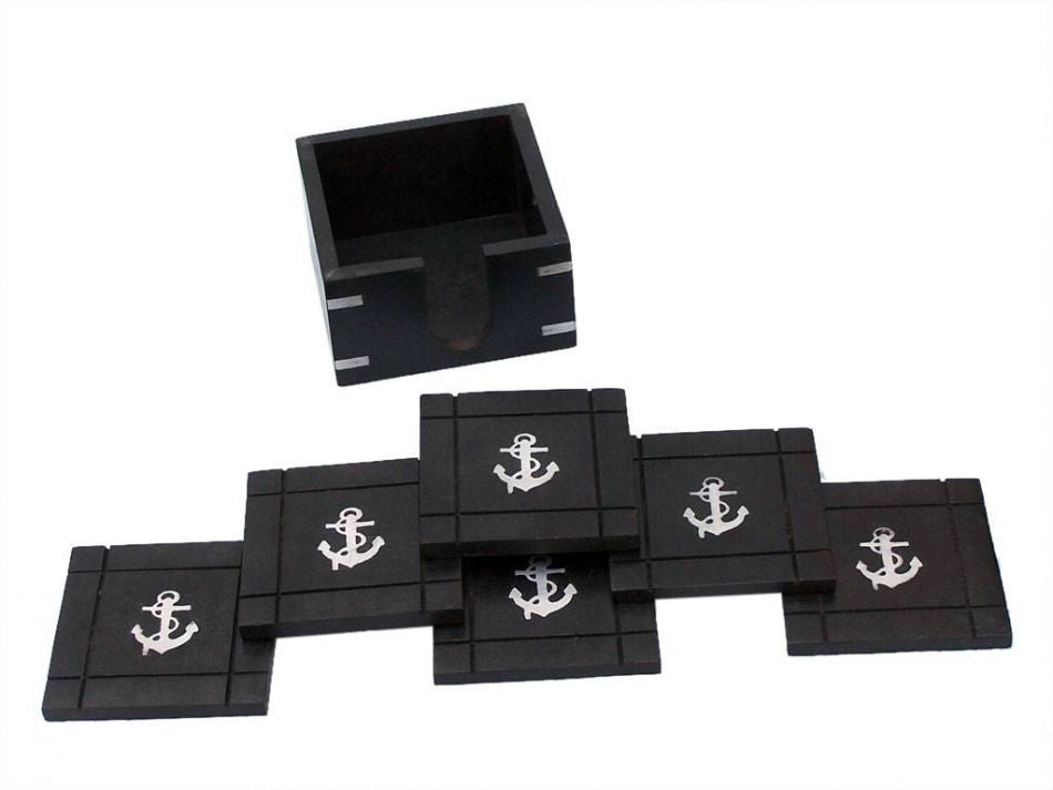 Wooden Black Coasters with Chrome Anchor Inlay 4" - Set of 6