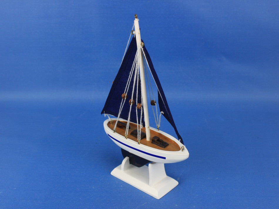Wooden Blue Pacific Sailer with Blue Sails Model Sailboat Decoration 9"
