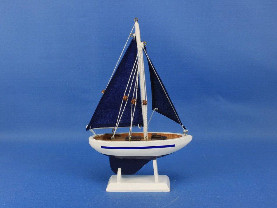 Wooden Blue Sailboat with Blue Sails Christmas Tree Ornament 9"