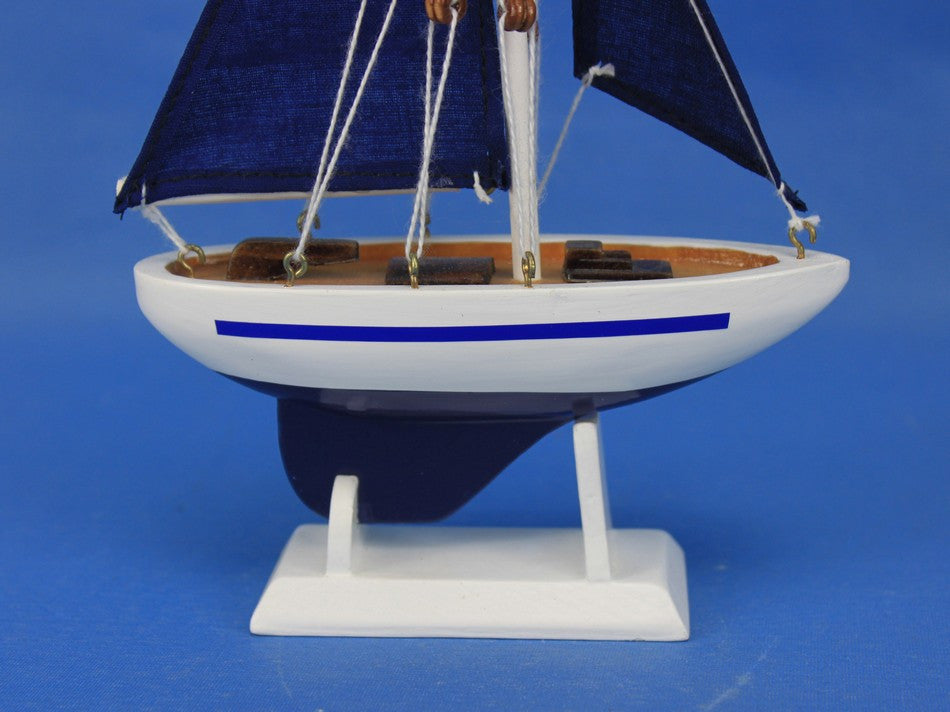Wooden Blue Pacific Sailer with Blue Sails Model Sailboat Decoration 9"