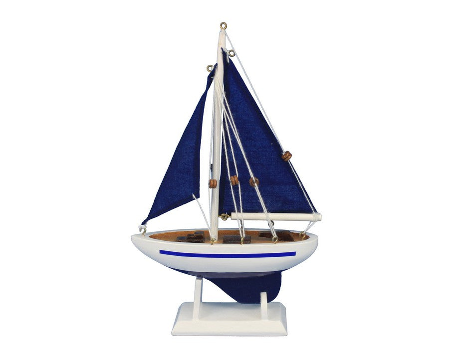 Wooden Blue Pacific Sailer with Blue Sails Model Sailboat Decoration 9"