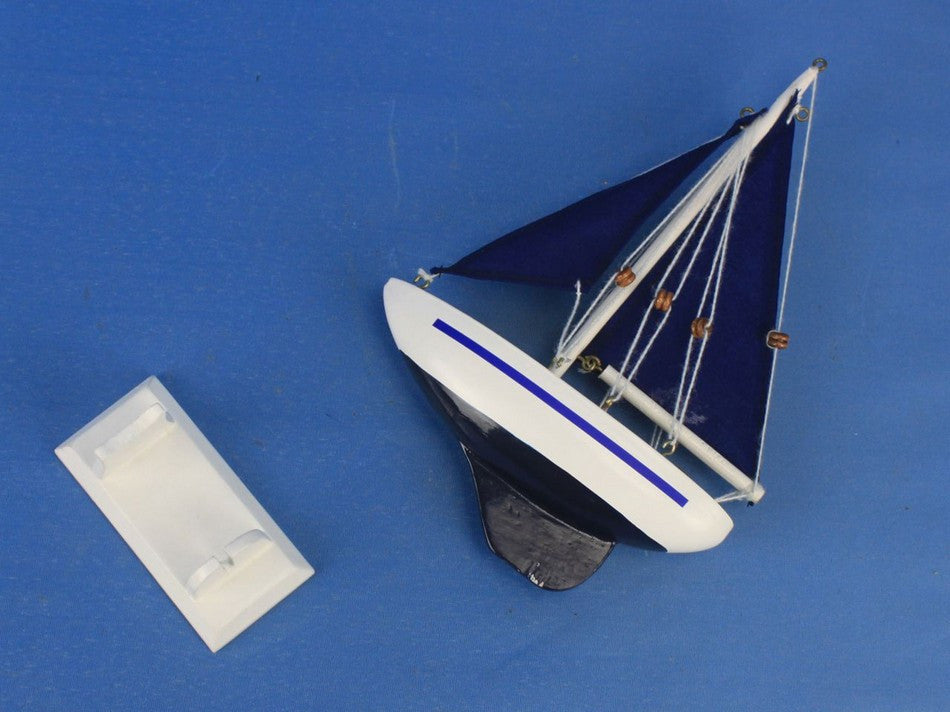 Wooden Blue Pacific Sailer with Blue Sails Model Sailboat Decoration 9"