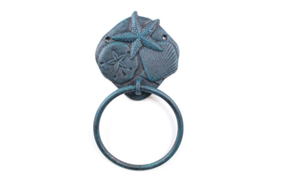 Seaworn Blue Cast Iron Shell Sand Dollar Starfish Towel Holder 8"