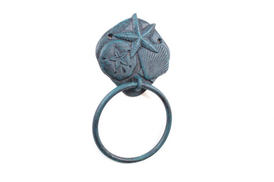 Seaworn Blue Cast Iron Shell Sand Dollar Starfish Towel Holder 8"