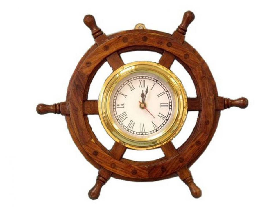 Deluxe Class Wood And Brass Ship Wheel Clock 12"