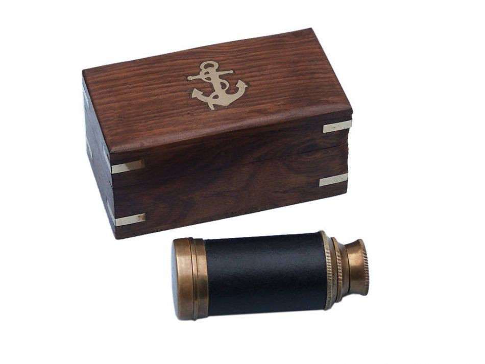 Deluxe Class Scout's Antique Brass Leather Spyglass Telescope 7" with Rosewood Box
