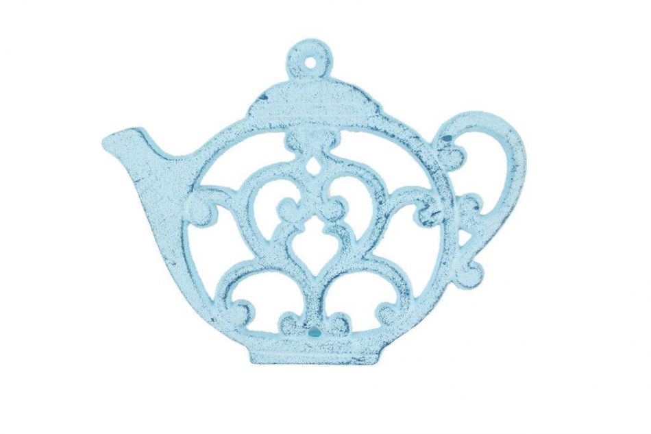 Rustic Dark Blue Whitewashed Cast Iron Round Teapot Trivet 8"