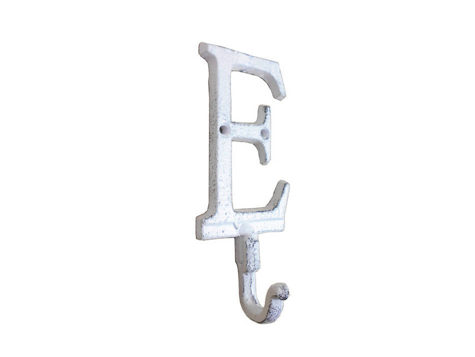 Whitewashed Cast Iron Letter E Alphabet Wall Hook 6"