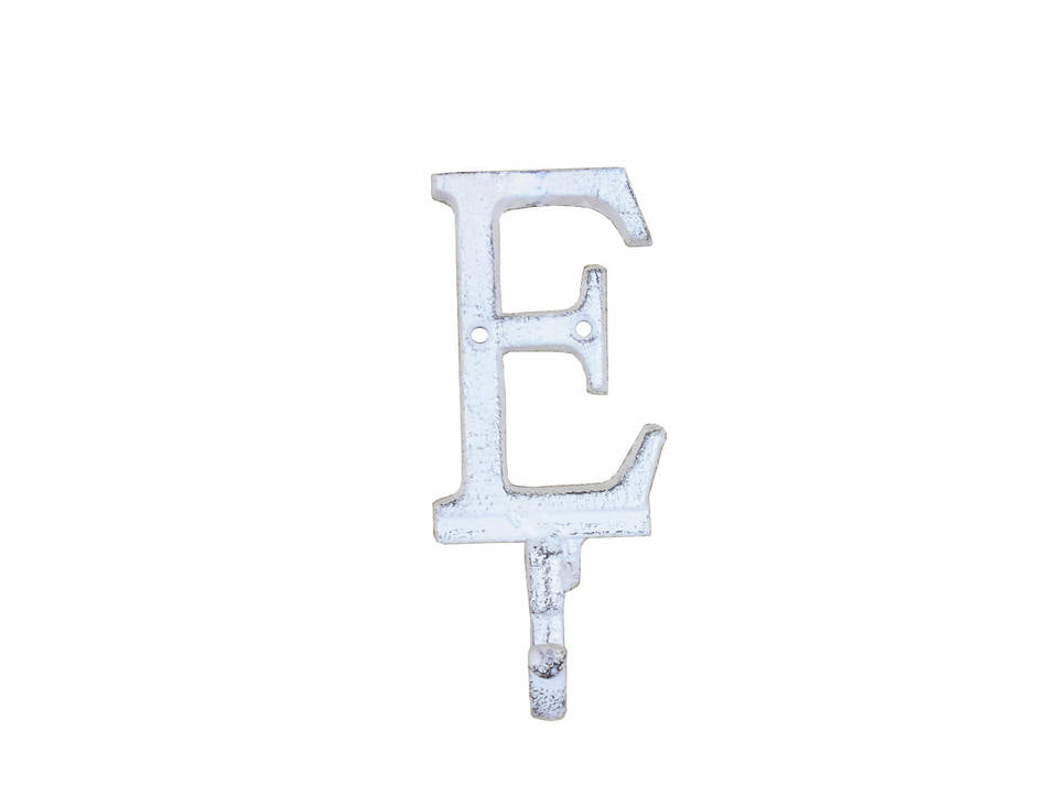Whitewashed Cast Iron Letter E Alphabet Wall Hook 6"