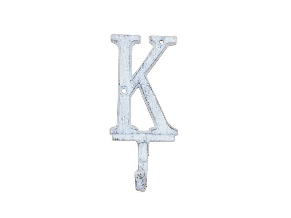 Whitewashed Cast Iron Letter K Alphabet Wall Hook 6"