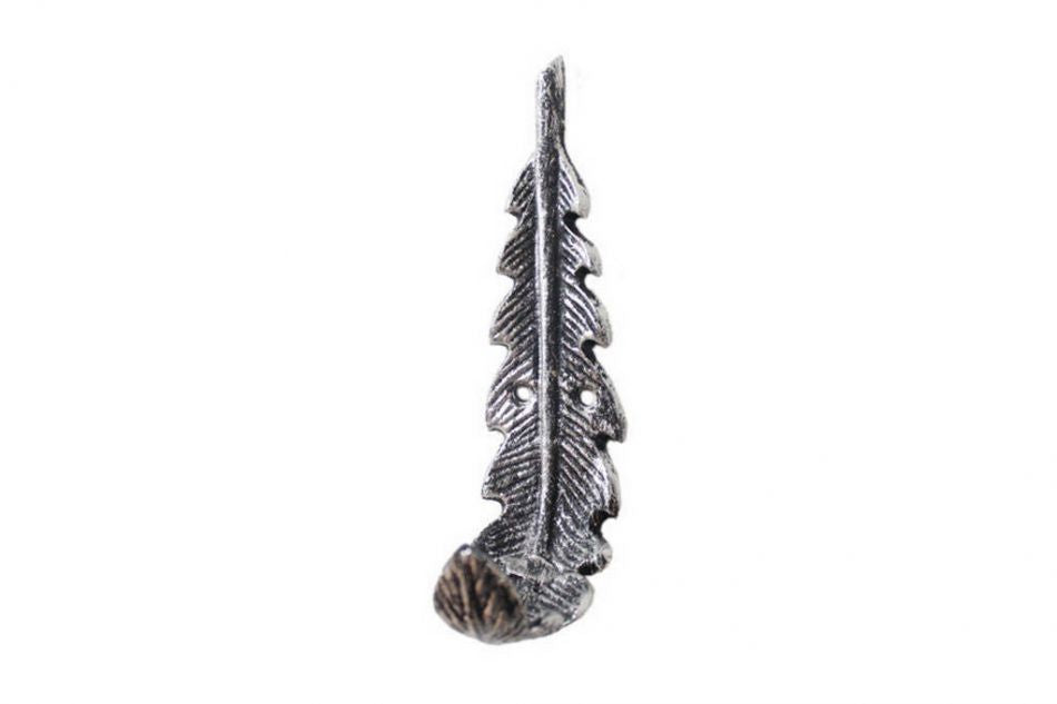 Rustic Silver Cast Iron Decorative Feather Hook 6"
