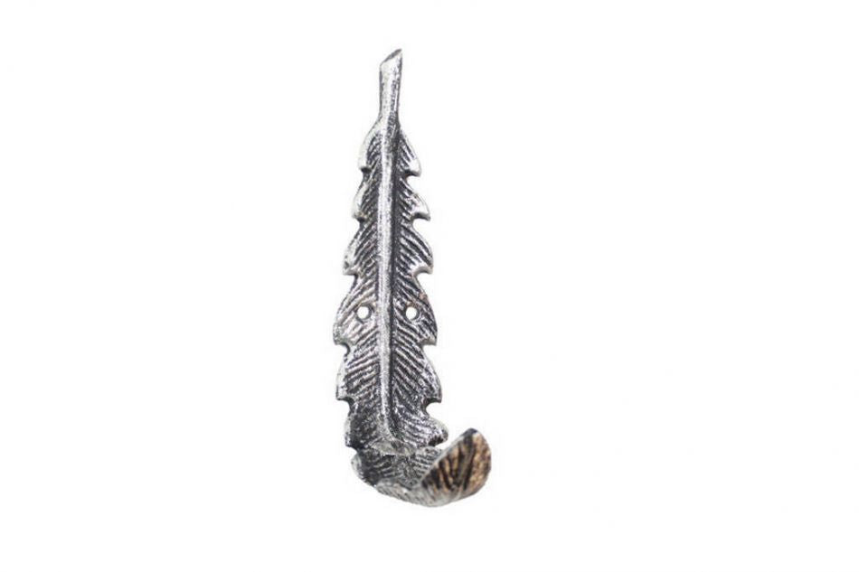 Rustic Silver Cast Iron Decorative Feather Hook 6"
