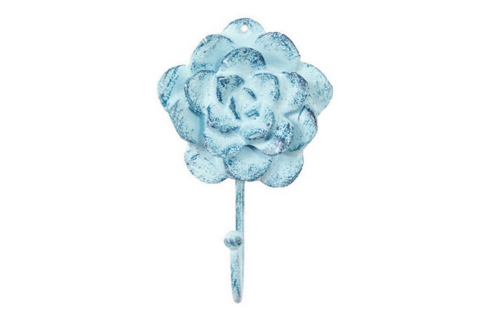 Rustic Dark Blue Whitewashed Cast Iron Decorative Rose Hook 7"