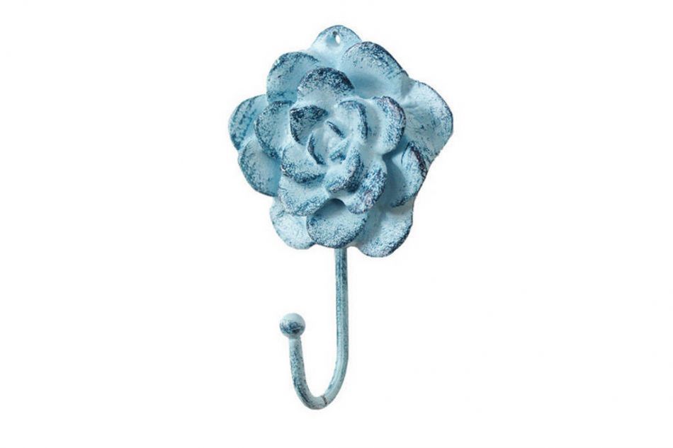 Rustic Dark Blue Whitewashed Cast Iron Decorative Rose Hook 7"