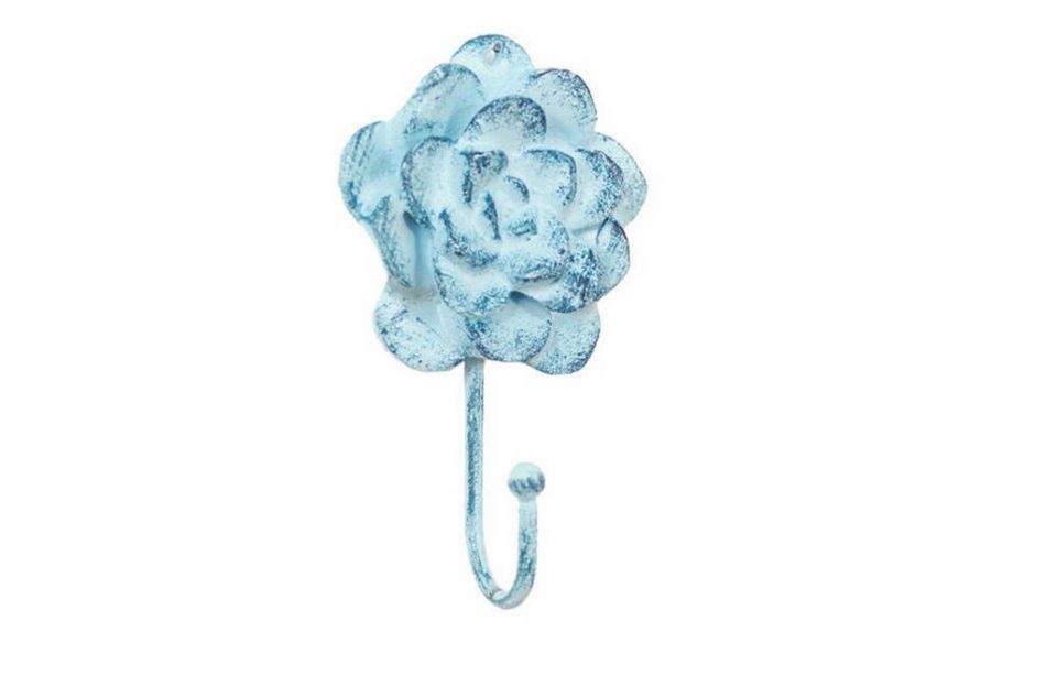 Rustic Dark Blue Whitewashed Cast Iron Decorative Rose Hook 7"
