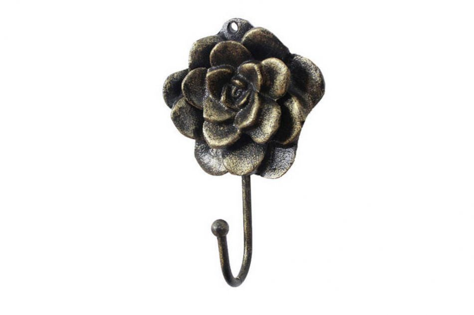 Rustic Gold Cast Iron Decorative Rose Hook 7"