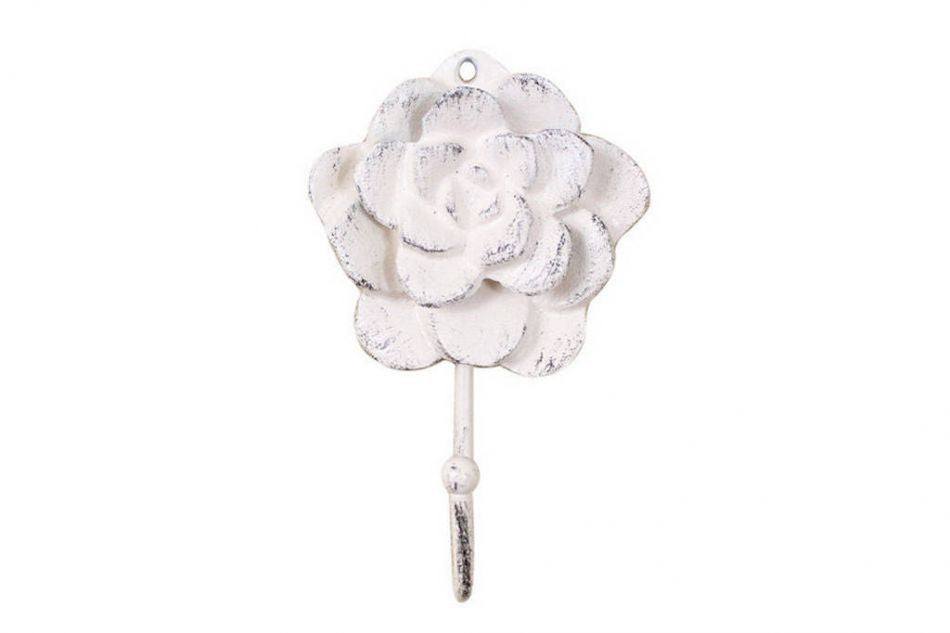 Whitewashed Cast Iron Decorative Rose Hook 7"
