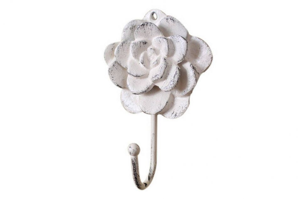 Whitewashed Cast Iron Decorative Rose Hook 7"