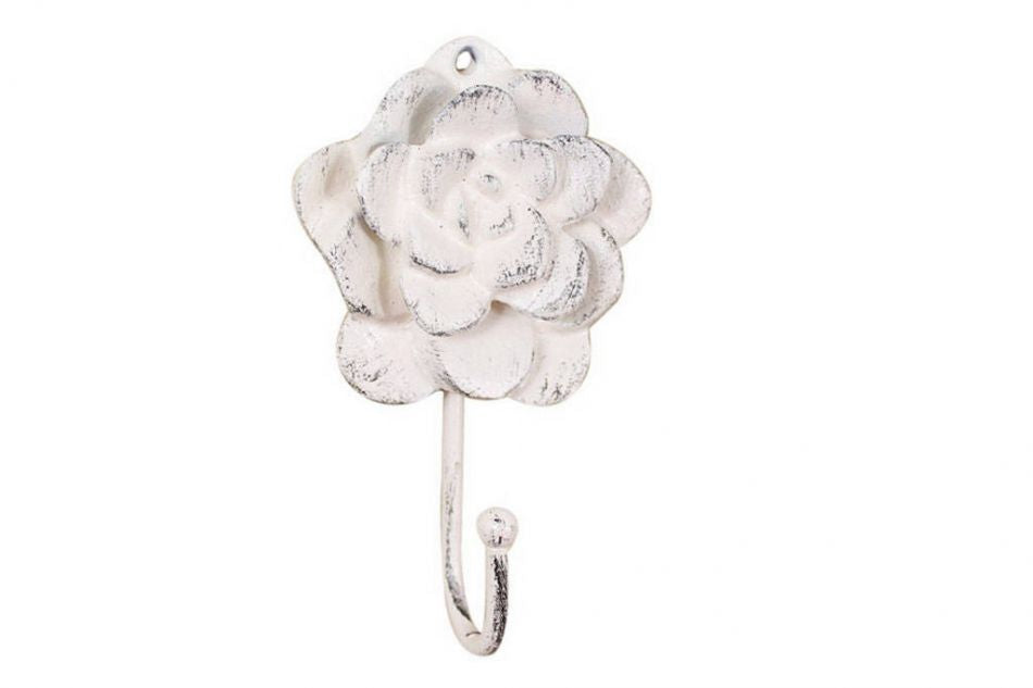 Whitewashed Cast Iron Decorative Rose Hook 7"