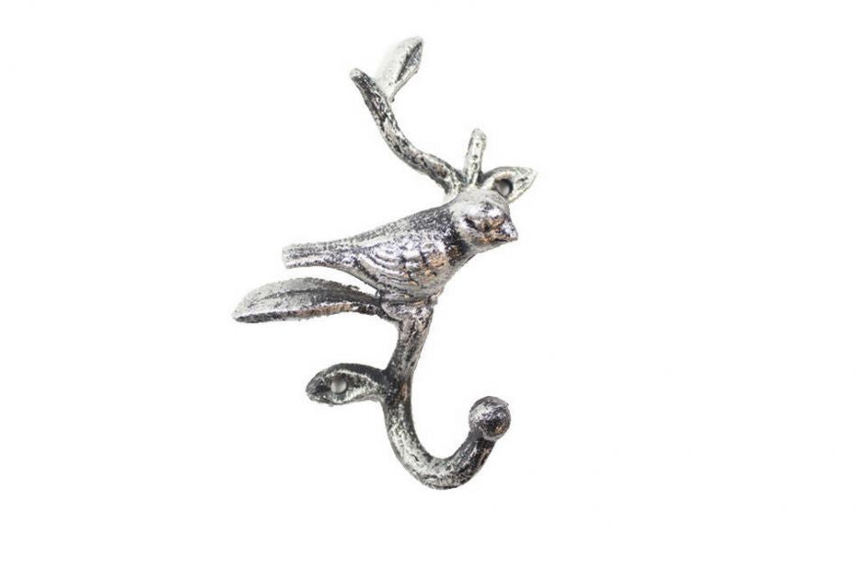 Rustic Silver Cast Iron Decorative Bird Hook 6"