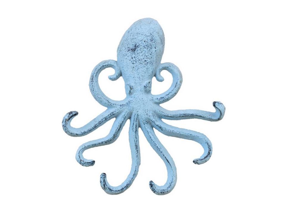 Rustic Dark Blue Whitewashed Cast Iron Wall Mounted Decorative Octopus Hooks 7"