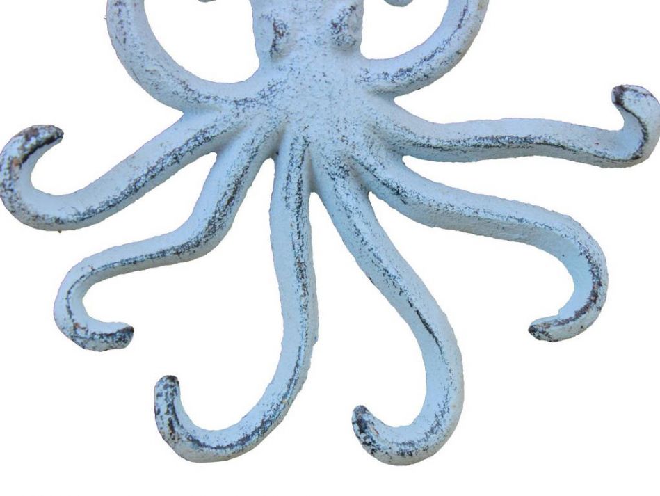 Rustic Dark Blue Whitewashed Cast Iron Wall Mounted Decorative Octopus Hooks 7"