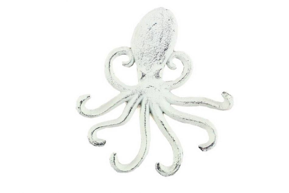 Rustic Whitewashed Cast Iron Wall Mounted Decorative Octopus Hooks 7"