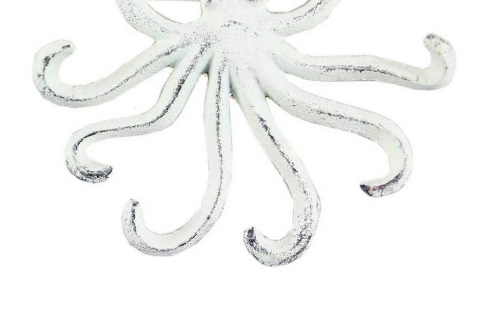 Rustic Whitewashed Cast Iron Wall Mounted Decorative Octopus Hooks 7"
