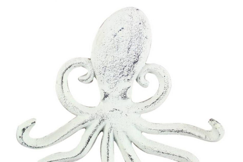 Rustic Whitewashed Cast Iron Wall Mounted Decorative Octopus Hooks 7"
