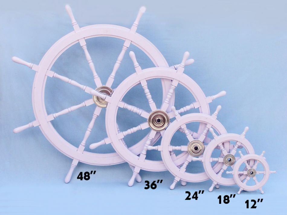 Deluxe Class White Wood and Chrome Ship Decorative Steering Wheel 18"