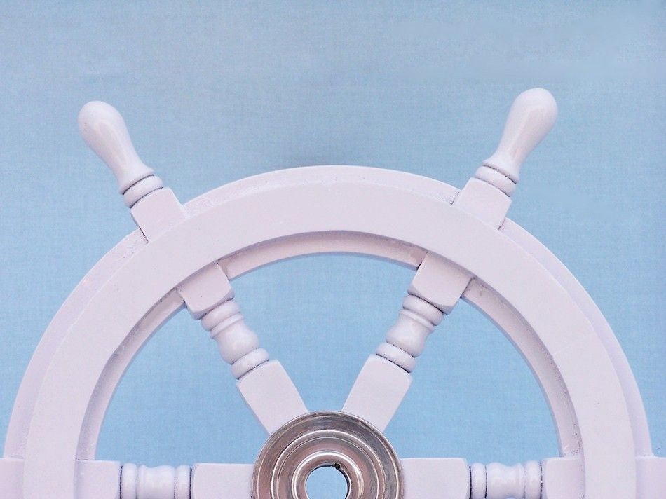 Deluxe Class White Wood and Chrome Ship Decorative Steering Wheel 18"