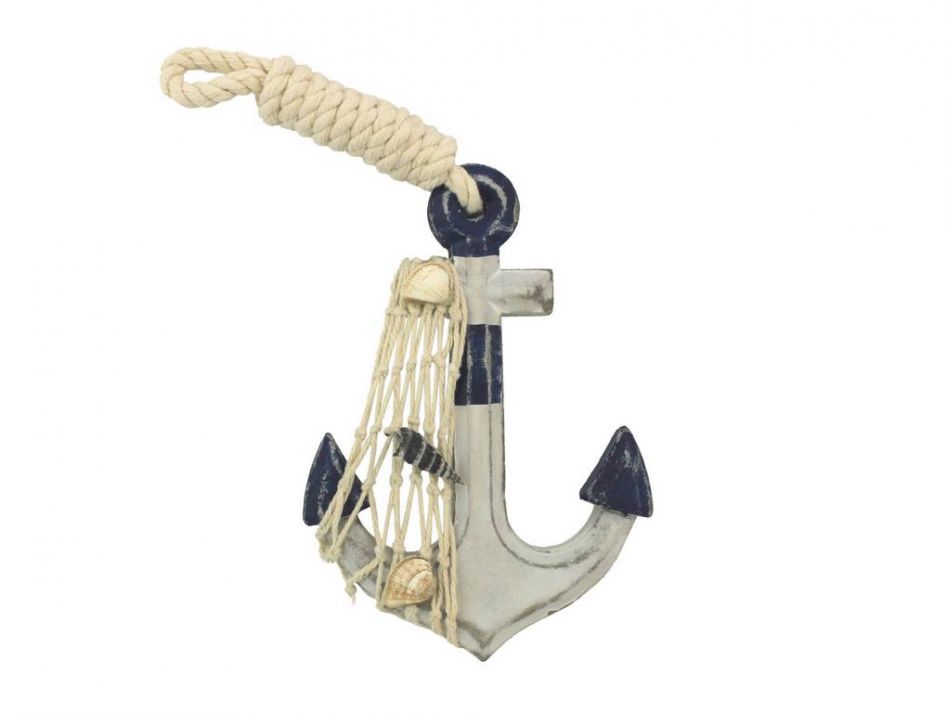 Wooden Rustic Decorative Blue and White Anchor 6"