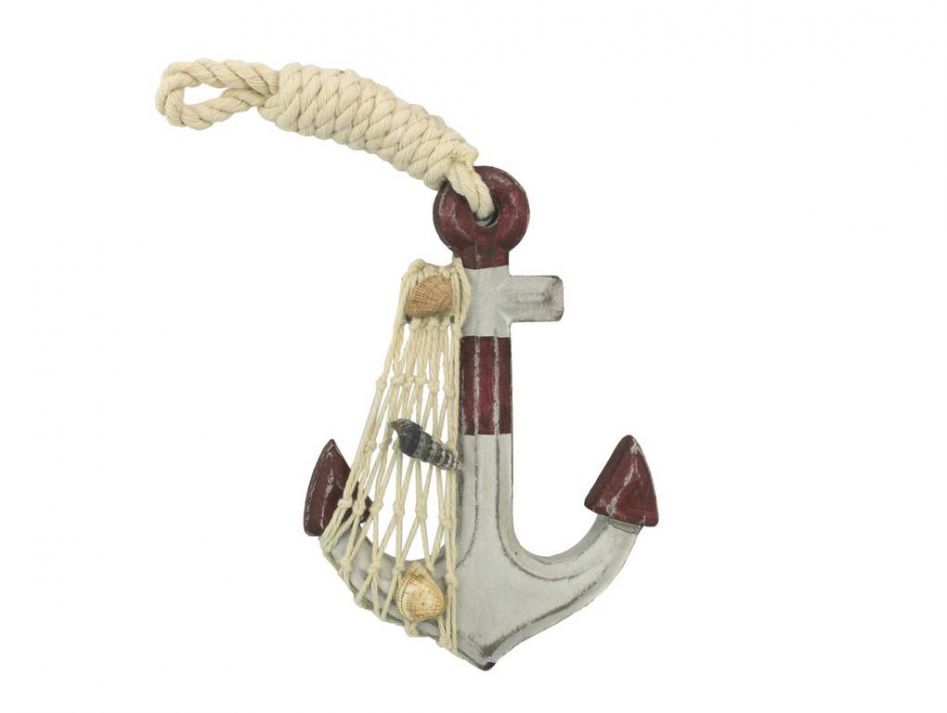 Wooden Rustic Decorative Red and White Anchor 6"