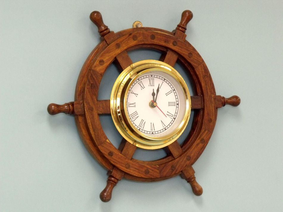 Deluxe Class Wood And Brass Ship Wheel Clock 12"