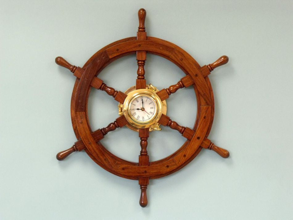 Deluxe Class Wood And Brass Ship Wheel Clock 24"