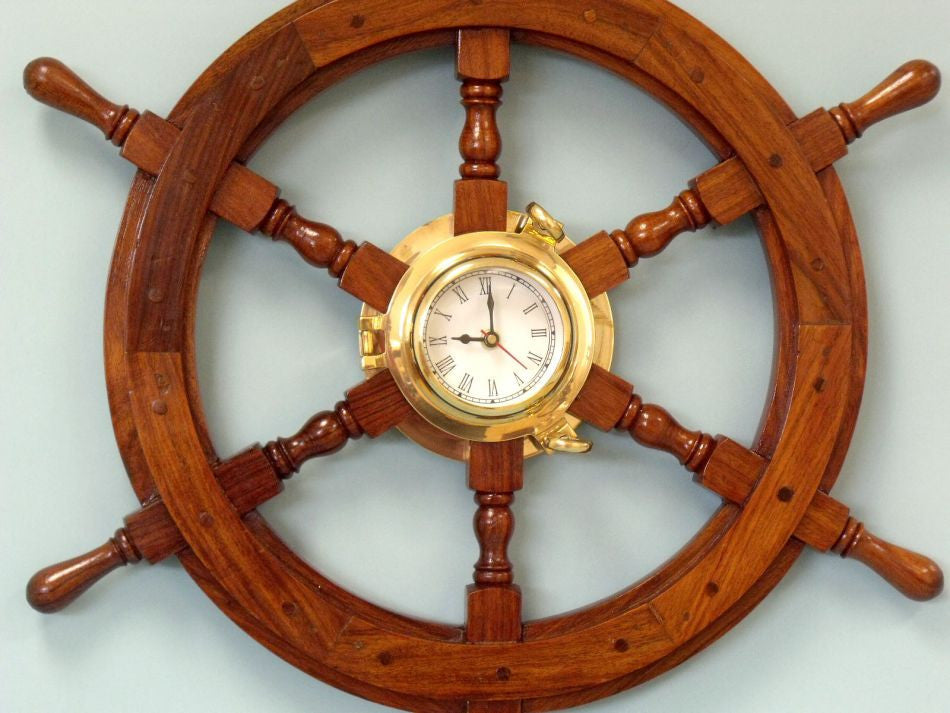 Deluxe Class Wood And Brass Ship Wheel Clock 24"