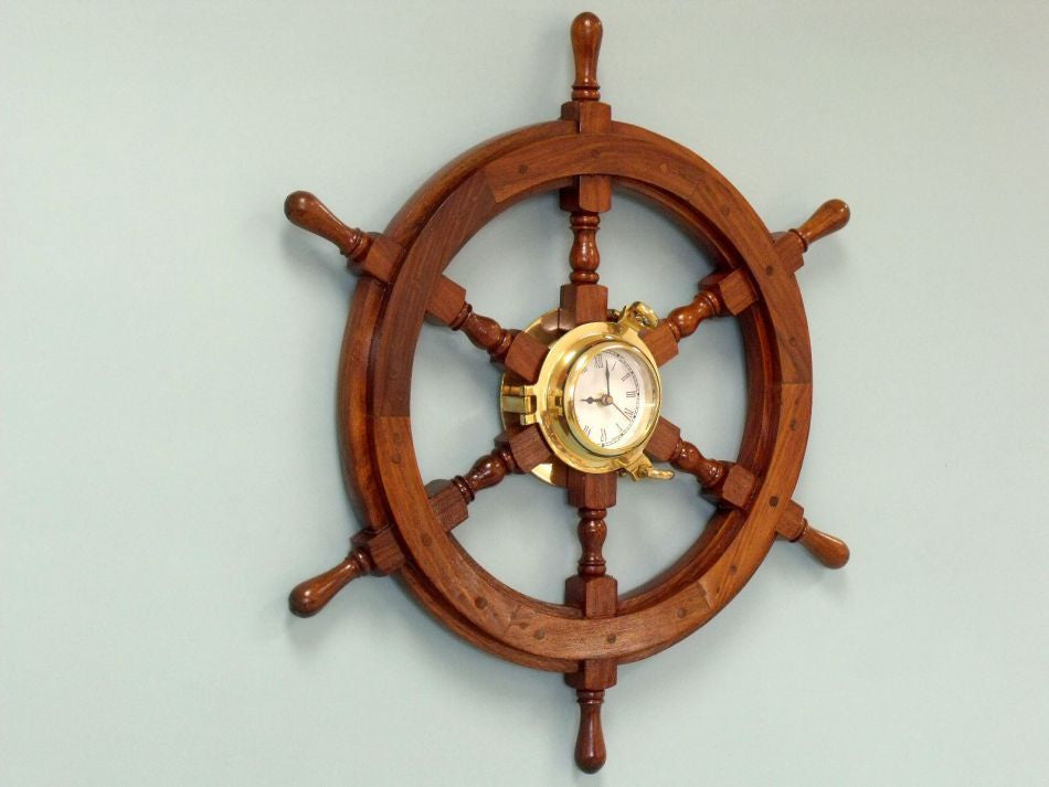 Deluxe Class Wood And Brass Ship Wheel Clock 24"