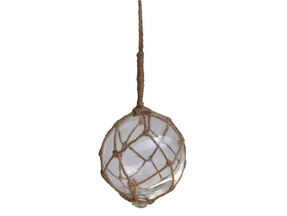 Clear Japanese Glass Ball Fishing Float With Brown Netting Decoration 4"