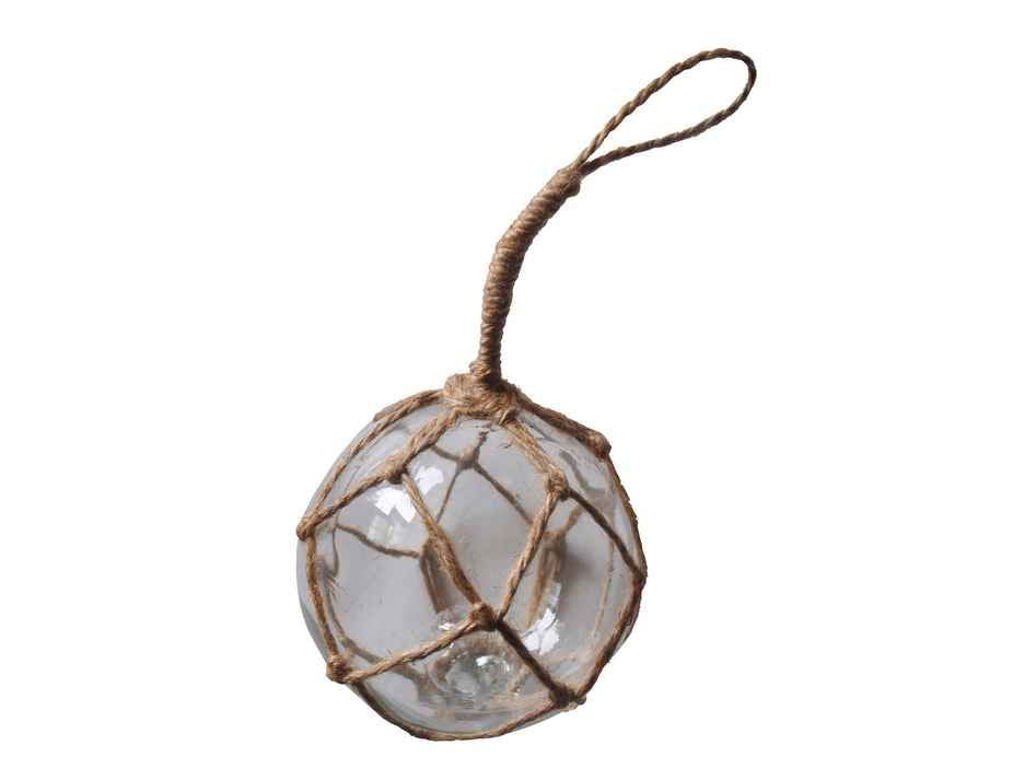 Clear Japanese Glass Ball Fishing Float With Brown Netting Decoration 4"