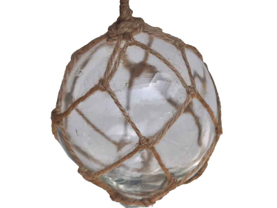 Clear Japanese Glass Ball Fishing Float With Brown Netting Decoration 4"