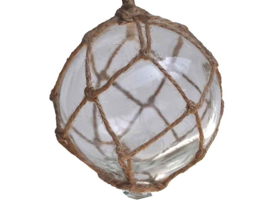 Clear Japanese Glass Ball Fishing Float With Brown Netting Decoration 4"
